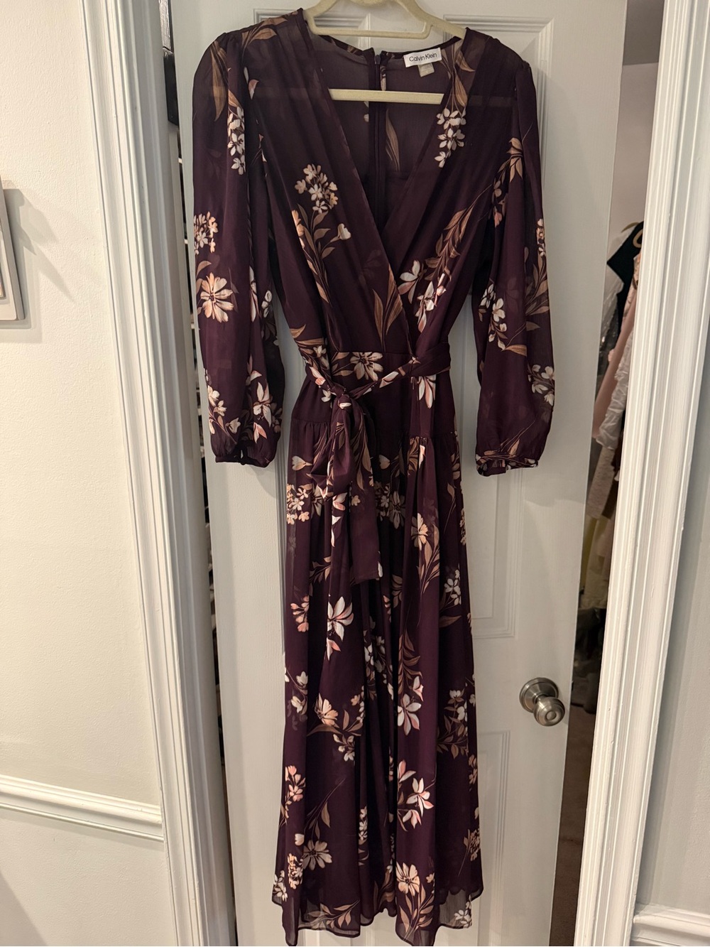 Calvin Klein Plum Floral Wrap Maxi Dress with Cream Accents Size 12